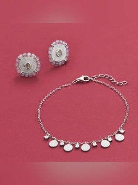 Rhodium Sterling Silver Diamond Set Polki Diamond & Labradorite Earrings